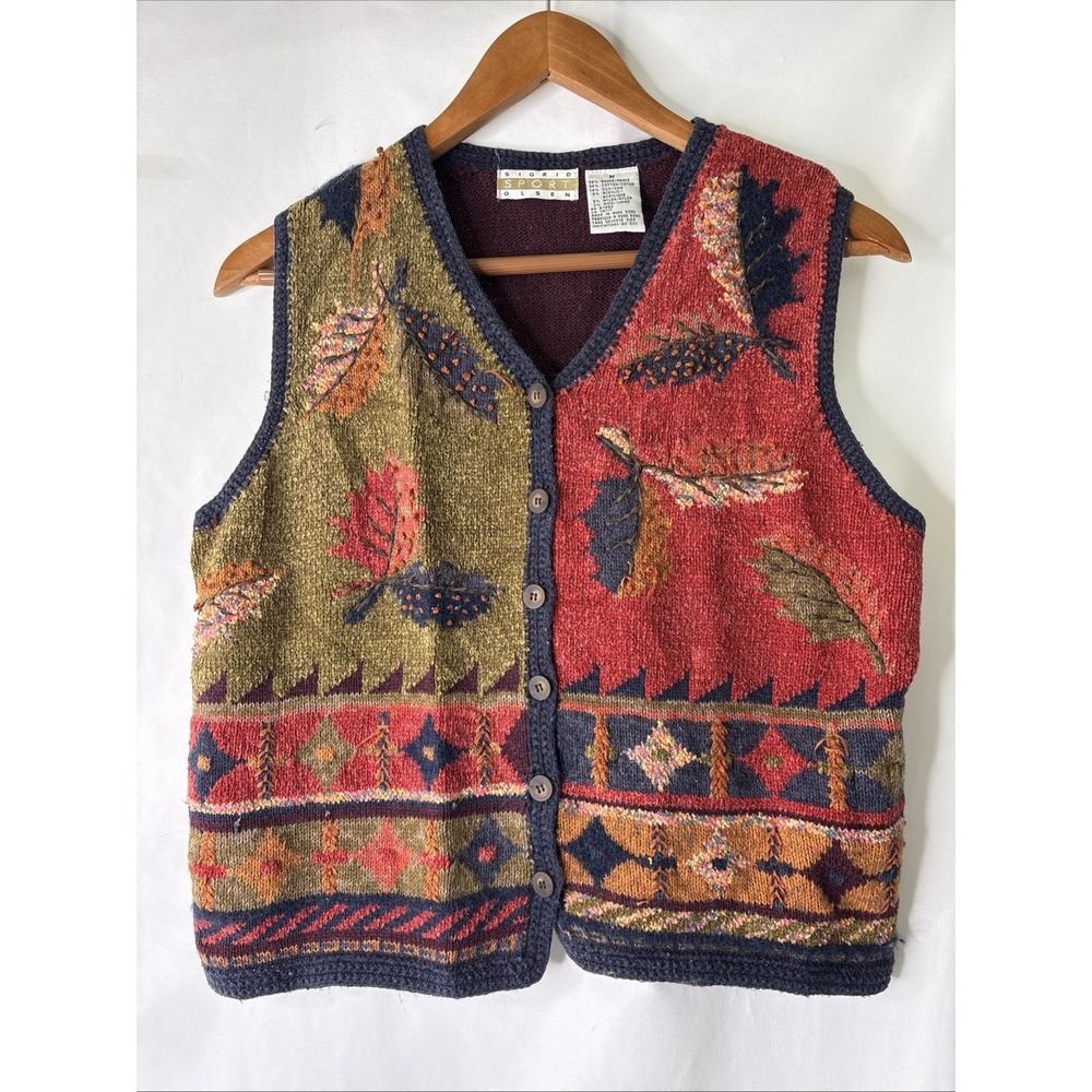 Vtg 90s Sigrid Olsen Patchwork Med Sweater Vest Leaf Tapestry Autumn Grandmacore